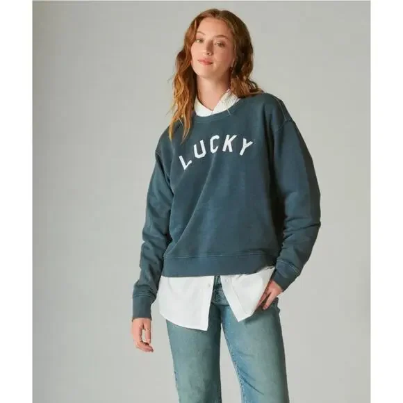 LUCKY brand Navy blue distressed comfy pullover LOGO crewneck sweatshirt XL - Picture 1 of 4